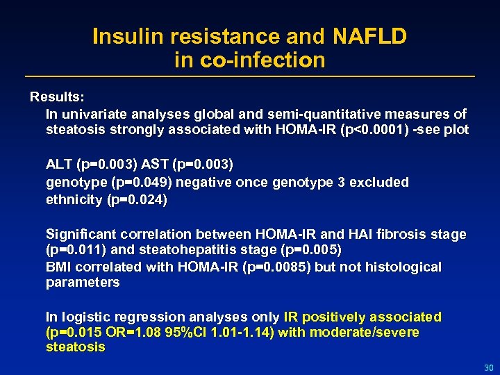 Insulin resistance and NAFLD in co-infection Results: In univariate analyses global and semi-quantitative measures