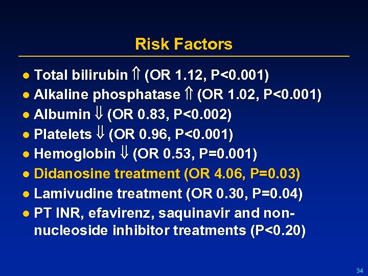 Risk Factors l Total bilirubin (OR 1. 12, P<0. 001) l Alkaline phosphatase (OR