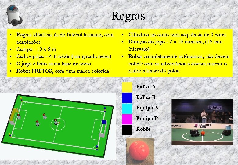 Regras • Regras idênticas às do futebol humano, com adaptações • Campo - 12