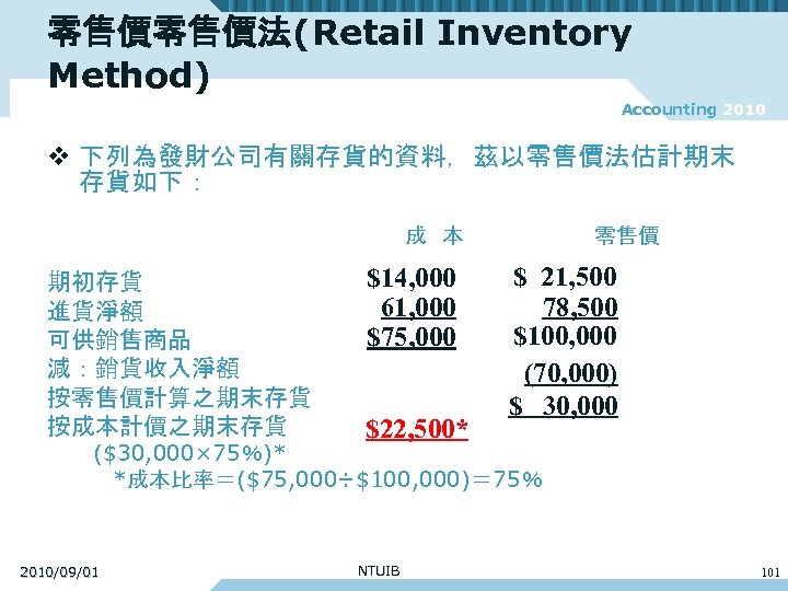 零售價零售價法(Retail Inventory Method) Accounting 2010 v 下列為發財公司有關存貨的資料，茲以零售價法估計期末 存貨如下： 　　　　　 期初存貨　　　　　 進貨淨額 可供銷售商品 減：銷貨收入淨額 按零售價計算之期末存貨