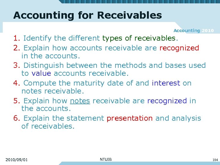 Accounting for Receivables Accounting 2010 1. Identify the different types of receivables. 2. Explain