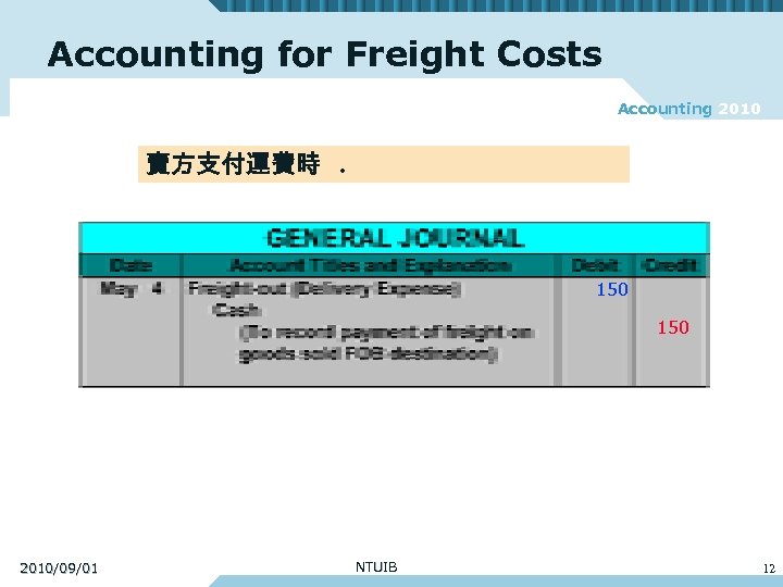 Accounting for Freight Costs Accounting 2010 賣方支付運費時. 150 2010/09/01 NTUIB 12 