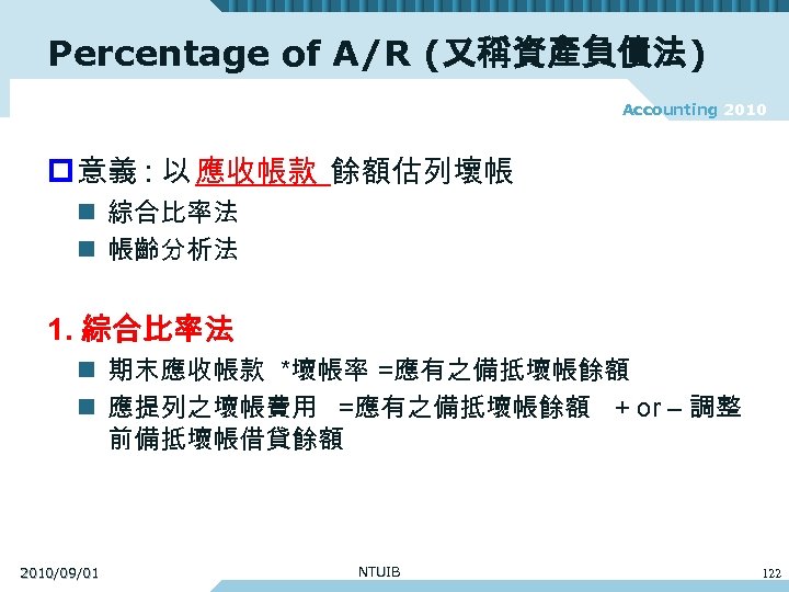 Percentage of A/R (又稱資產負債法) Accounting 2010 p 意義 : 以 應收帳款 餘額估列壞帳 n 綜合比率法
