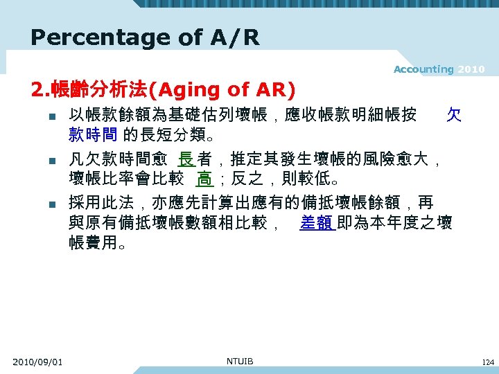 Percentage of A/R Accounting 2010 2. 帳齡分析法(Aging of AR) n n n 2010/09/01 以帳款餘額為基礎估列壞帳，應收帳款明細帳按