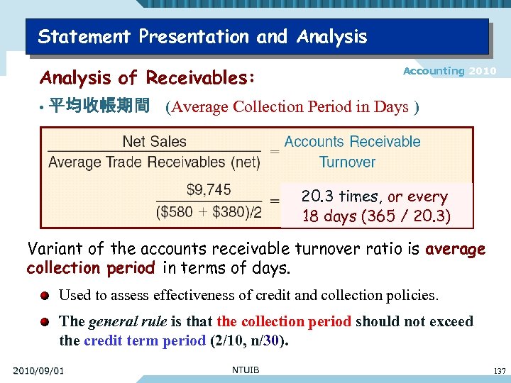 Statement Presentation and Analysis of Receivables: • Accounting 2010 平均收帳期間 (Average Collection Period in
