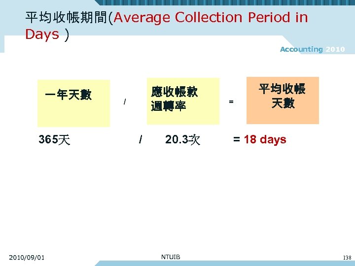 平均收帳期間(Average Collection Period in Days ) Accounting 2010 一年天數 365天 2010/09/01 應收帳款 週轉率 /