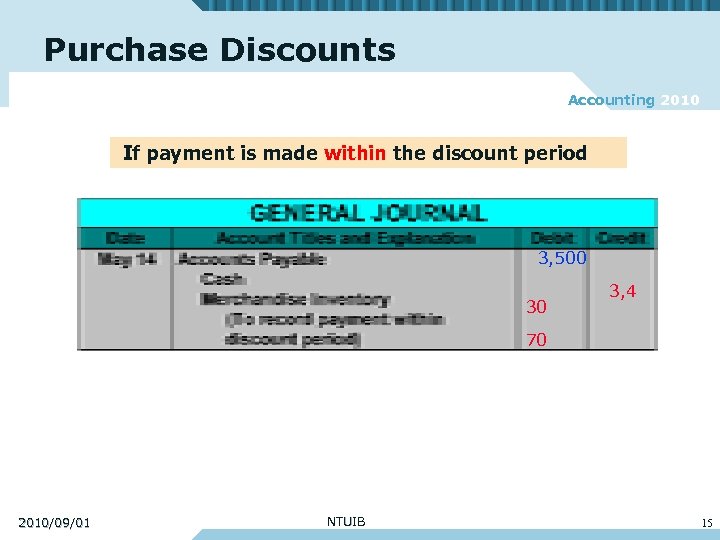 Purchase Discounts Accounting 2010 If payment is made within the discount period 3, 500