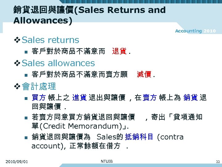 銷貨退回與讓價(Sales Returns and Allowances) Accounting 2010 v Sales returns n 客戶對於商品不滿意而 退貨. v Sales