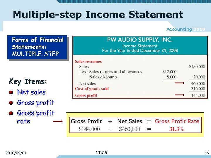 Multiple-step Income Statement Accounting 2010 Forms of Financial Statements: MULTIPLE-STEP Key Items: Net sales