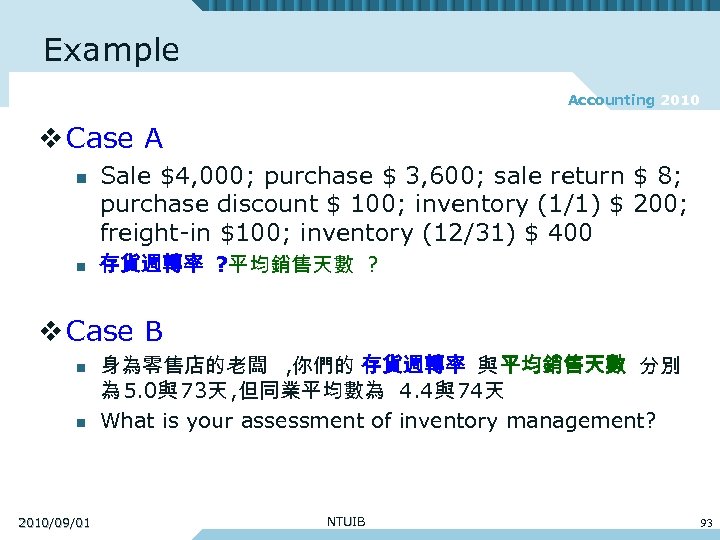 Example Accounting 2010 v Case A n n Sale $4, 000; purchase $ 3,