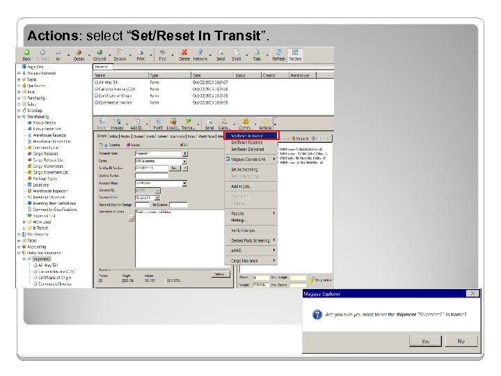 Actions: select “Set/Reset In Transit”. 