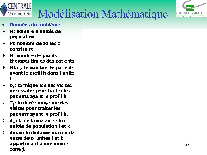 Modélisation Mathématique • Données du problème Ø N: nombre d’unités de population Ø M: