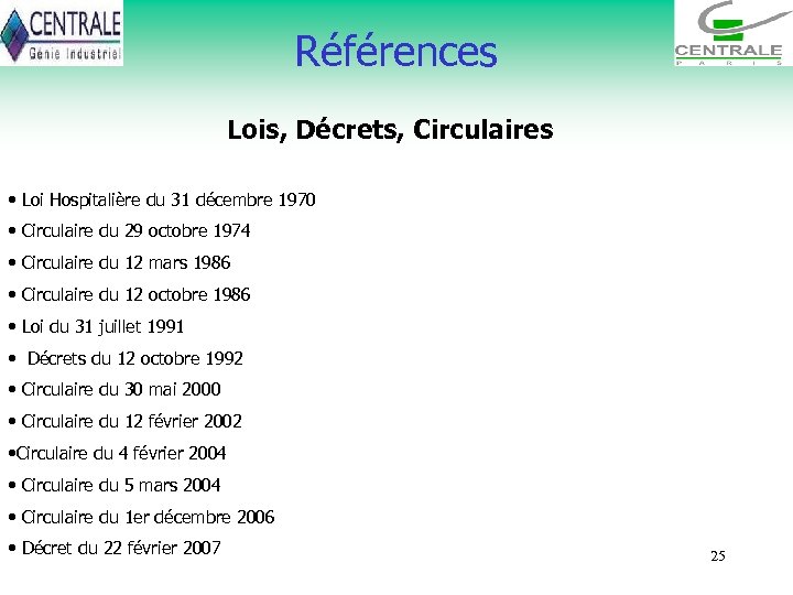 Références Lois, Décrets, Circulaires • Loi Hospitalière du 31 décembre 1970 • Circulaire du