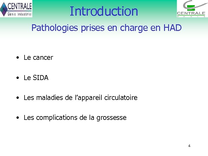 Introduction Pathologies prises en charge en HAD • Le cancer • Le SIDA •