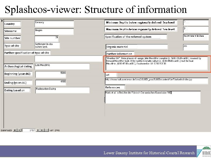 Splashcos-viewer: Structure of information Lower Saxony Institute for Historical Coastal Research 