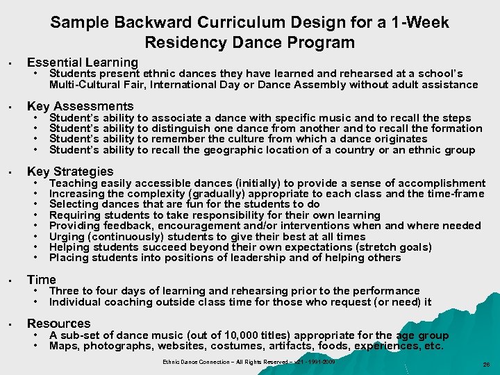 Sample Backward Curriculum Design for a 1 -Week Residency Dance Program • Essential Learning