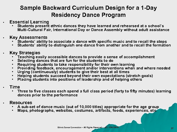 Sample Backward Curriculum Design for a 1 -Day Residency Dance Program • Essential Learning