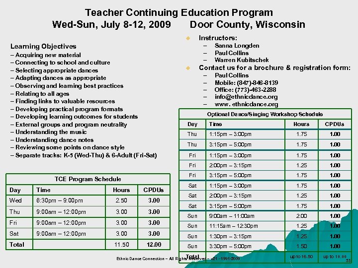 Teacher Continuing Education Program Wed-Sun, July 8 -12, 2009 Door County, Wisconsin u –