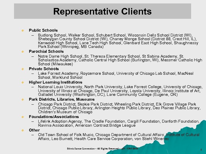 Representative Clients u u u u Public Schools – Budlong School, Walker School, Schubert