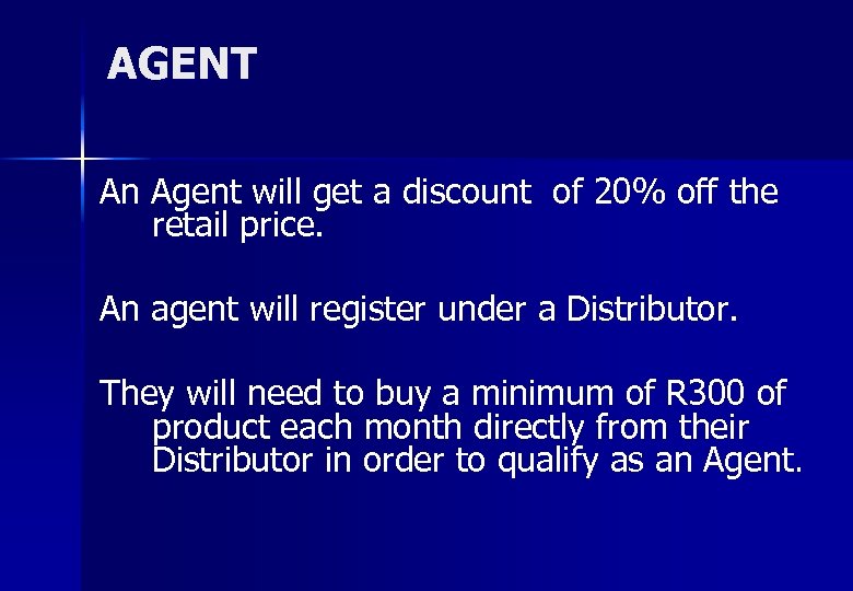 AGENT An Agent will get a discount of 20% off the retail price. An