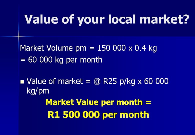 Value of your local market? Market Volume pm = 150 000 x 0. 4