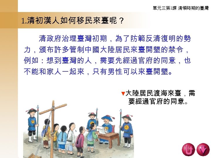 單元三第 1課 清領時期的臺灣 1. 清初漢人如何移民來臺呢？ 　　清政府治理臺灣初期，為了防範反清復明的勢 力，頒布許多管制中國大陸居民來臺開墾的禁令， 例如：想到臺灣的人，需要先經過官府的同意，也 不能和家人一起來，只有男性可以來臺開墾。 ▼大陸居民渡海來臺，需 要經過官府的同意。 