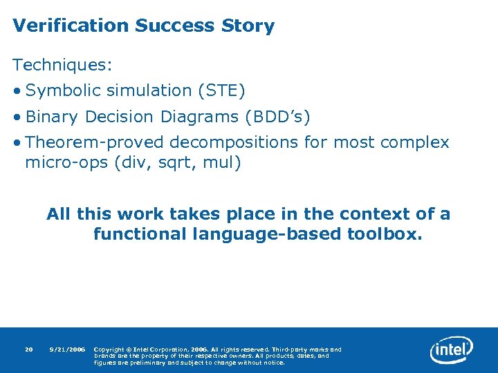 Verification Success Story Techniques: • Symbolic simulation (STE) • Binary Decision Diagrams (BDD’s) •