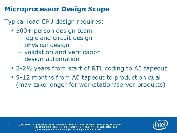 Microprocessor Design Scope Typical lead CPU design requires: • 500+ person design team: –