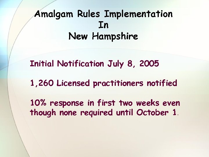 Amalgam Rules Implementation In New Hampshire Initial Notification July 8, 2005 1, 260 Licensed