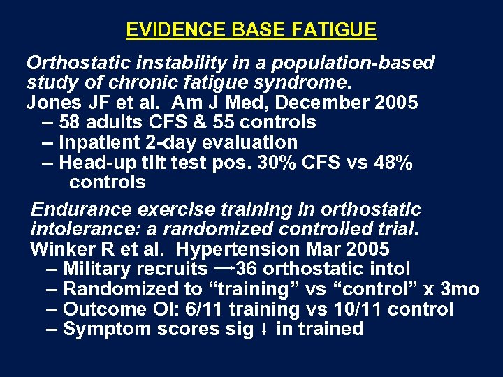 EVIDENCE BASE FATIGUE Orthostatic instability in a population-based study of chronic fatigue syndrome. Jones
