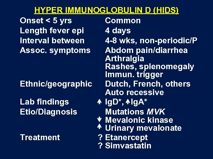 HYPER IMMUNOGLOBULIN D (HIDS) Onset < 5 yrs Common Length fever epi 4 days