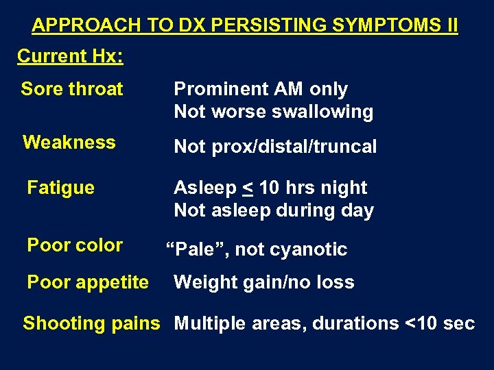 APPROACH TO DX PERSISTING SYMPTOMS II Current Hx: Sore throat Prominent AM only Not
