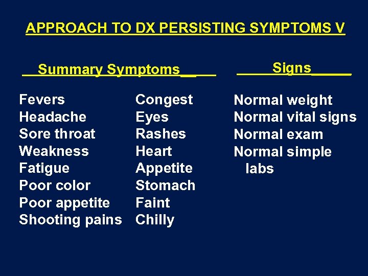 APPROACH TO DX PERSISTING SYMPTOMS V Summary Symptoms__ Fevers Headache Sore throat Weakness Fatigue