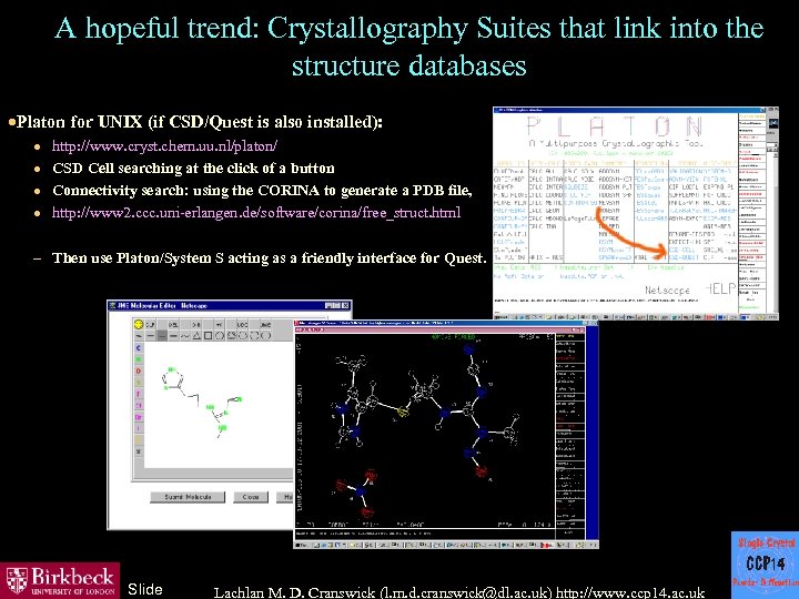 A hopeful trend: Crystallography Suites that link into the structure databases ·Platon for UNIX