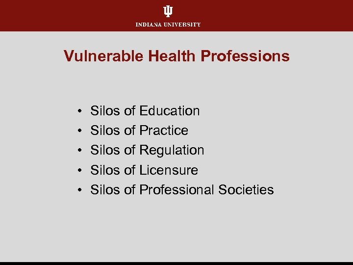Vulnerable Health Professions • • • Silos of Education Silos of Practice Silos of