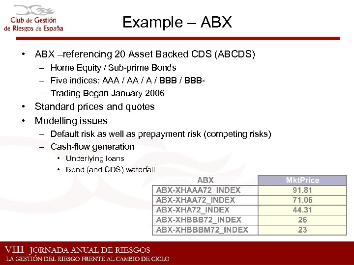 Example – ABX • ABX –referencing 20 Asset Backed CDS (ABCDS) – Home Equity