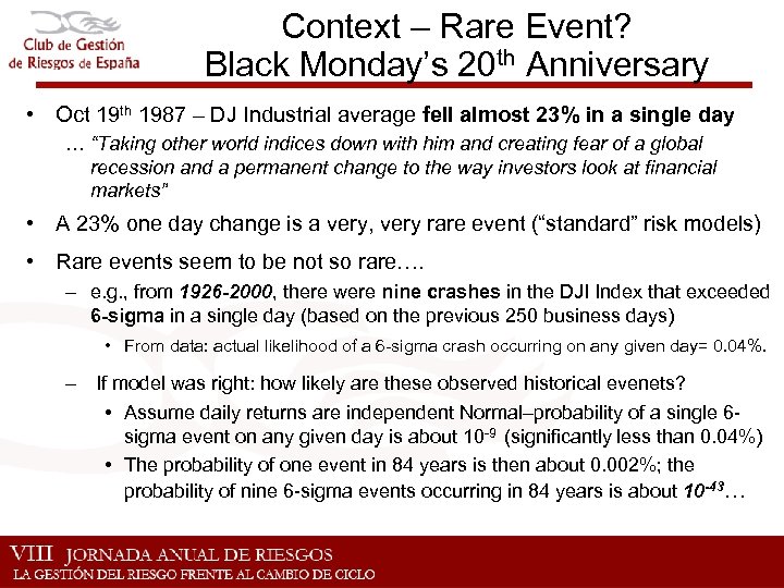 Context – Rare Event? Black Monday’s 20 th Anniversary • Oct 19 th 1987