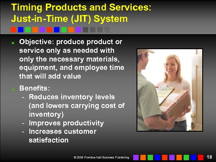 Timing Products and Services: Just-in-Time (JIT) System Objective: produce product or service only as