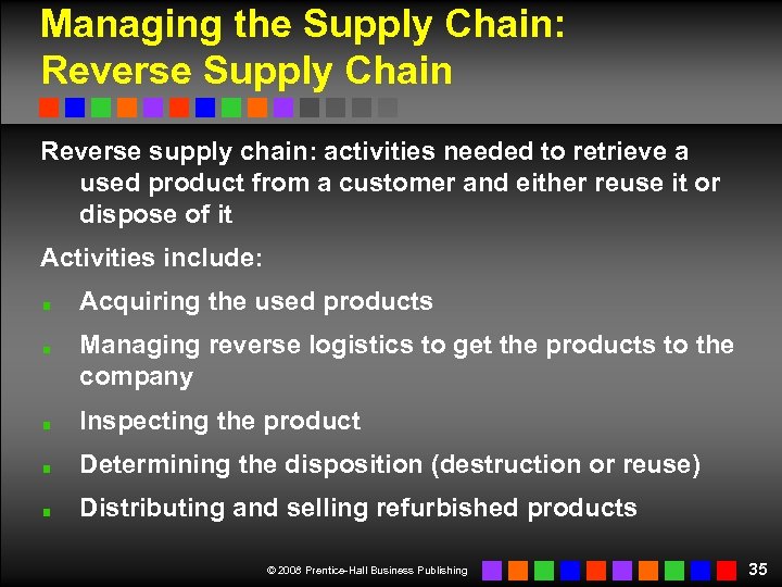 Managing the Supply Chain: Reverse Supply Chain Reverse supply chain: activities needed to retrieve