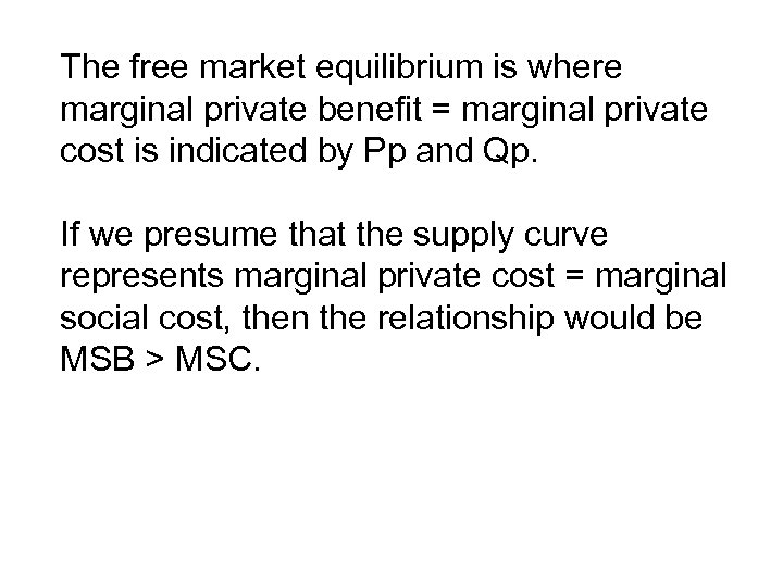 The free market equilibrium is where marginal private benefit = marginal private cost is