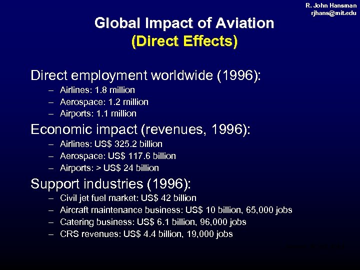R. John Hansman rjhans@mit. edu rjhans@ mit. Global Impact of Aviation (Direct Effects) Direct