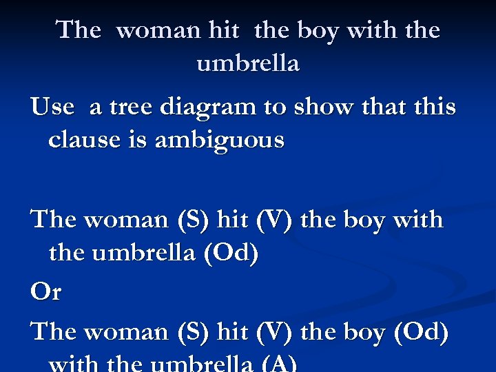 The woman hit the boy with the umbrella Use a tree diagram to show