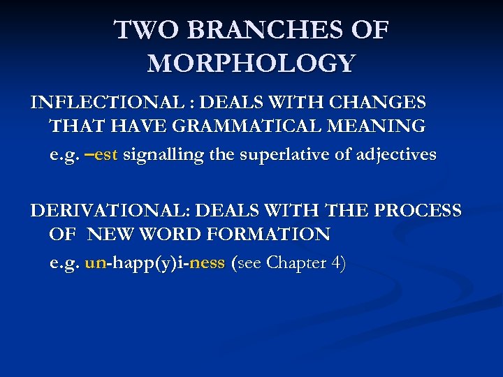 TWO BRANCHES OF MORPHOLOGY INFLECTIONAL : DEALS WITH CHANGES THAT HAVE GRAMMATICAL MEANING e.