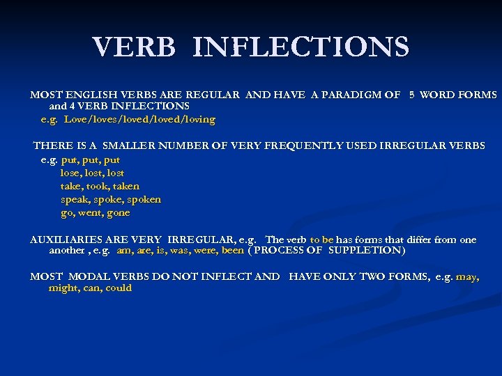 VERB INFLECTIONS MOST ENGLISH VERBS ARE REGULAR AND HAVE A PARADIGM OF 5 WORD