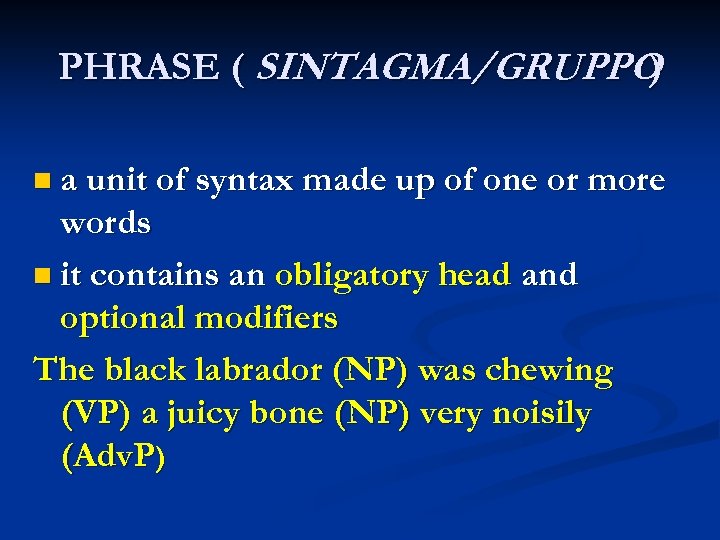 PHRASE ( SINTAGMA/GRUPPO ) n a unit of syntax made up of one or