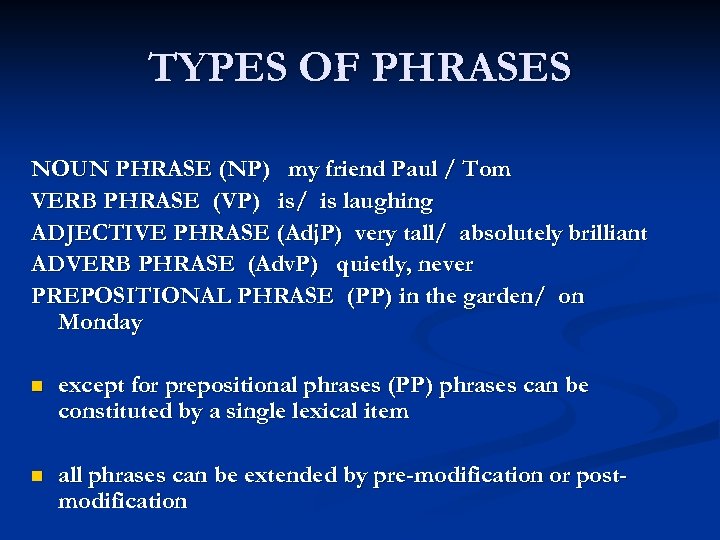 TYPES OF PHRASES NOUN PHRASE (NP) my friend Paul / Tom VERB PHRASE (VP)