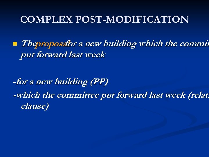 COMPLEX POST-MODIFICATION n Theproposal a new building which the commit for put forward last