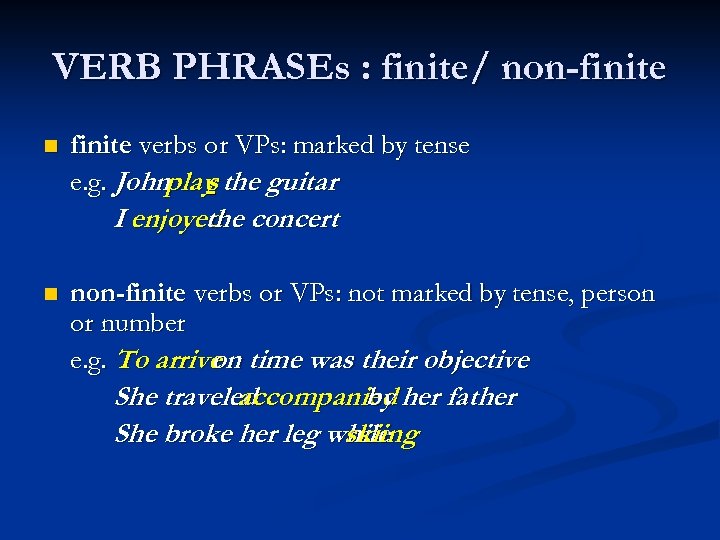 VERB PHRASEs : finite/ non-finite n finite verbs or VPs: marked by tense e.