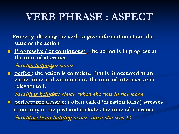 VERB PHRASE : ASPECT Property allowing the verb to give information about the state