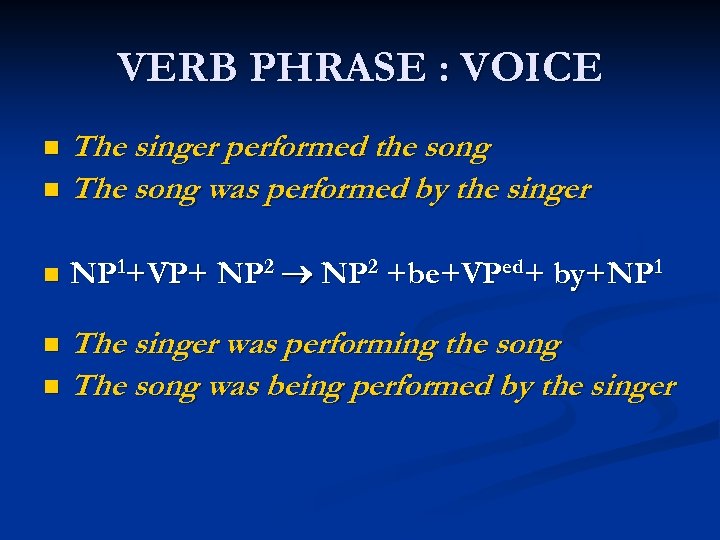 VERB PHRASE : VOICE The singer performed the song n The song was performed